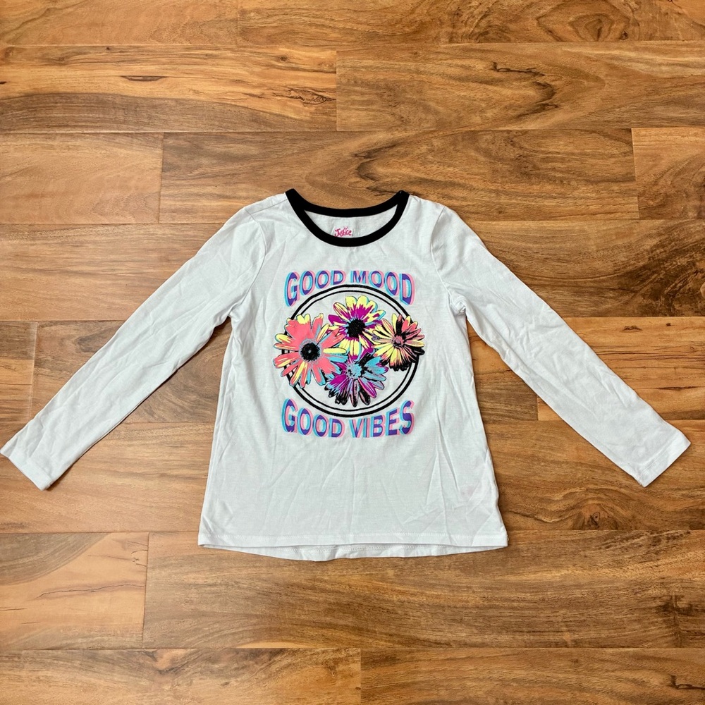 Justice Ringer Shirt Girls Small 7 / 8 White Long Sleeve Flowers